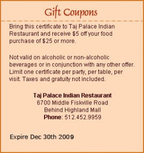 Taj Palace Coupon in Austin, TX